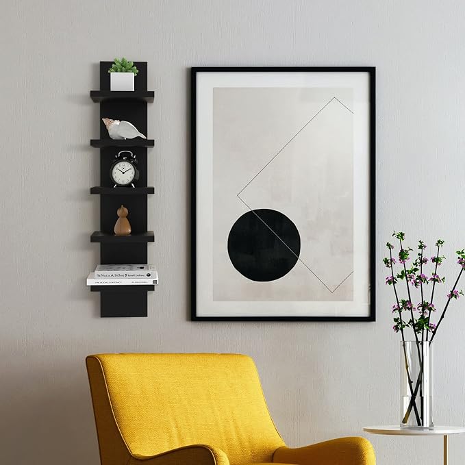5 Tier Wall Shelves Black, Vertical Column Shelf Floating Storage Home Decor Organizer Design Utility Shelving Bedroom Living Room, 30.7