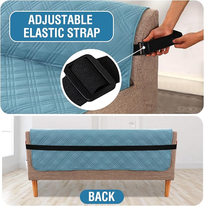H.VERSAILTEX 100% Waterproof Futon Couch Cover Reversible Sofa Slipcovers Armless Daybed Cover Soft Thicken Sofa Bed Cover for Dog with Adjustable Elastic Strap Non-Slip, Smoke Blue/Beige