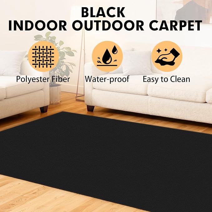 Grefinity Marine Carpet,5 FT x 25 FT Black Indoor Outdoor Carpet 0.2" Thick Boat Rug with Water-Proof TPE Backing for Home, Patio, Porch, Deck
