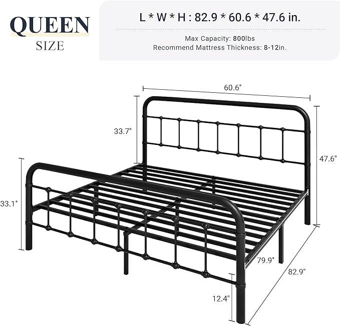 Allewie Queen Metal Bed Frame with Victorian Iron-Art Headboard, Black | Victorian Style Wrought Iron-Art Headboard/Footboard, Easy Assembly, Under Bed Storage, No Box Spring Required