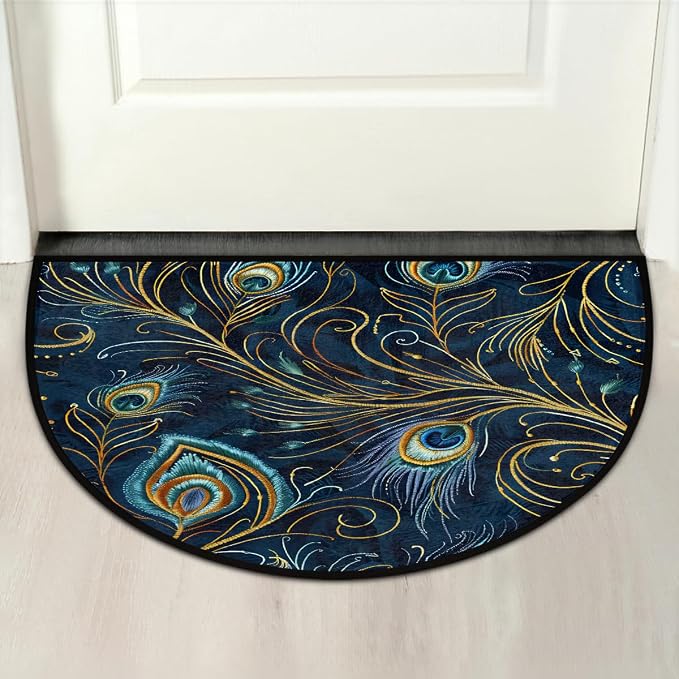 Peacock Half Round Doormat Non-Slip Semi Circle Rug Half Moon Mat | Color Feather Bird Washable Soft Absorbent Indoor Outdoor Entrance Kitchen Bathroom Sink Patio Welcome Fireplace Floor Rug