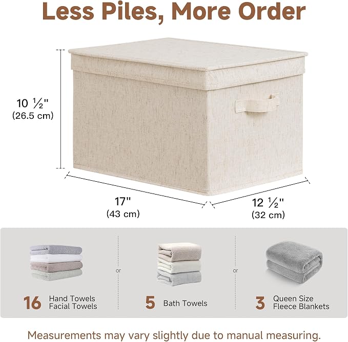 StorageWorks Fabric Storage Bins with Lids, Decorative Storage Bins with Soft Handles, Foldable Storage Baskets for Closet, Shelves, Stackable and Sturdy Organization, Beige, Jumbo, 3-Pack