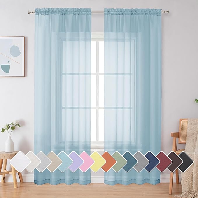 Simplebrand Sky Blue Sheer Curtains 72 Inches Long 2 Panels for Living Room, Rod Pockets Airy Window Treatments Voile Sheer Black Curtains Panels Lightweight for Front Back Patio Glass Door, 42" Width