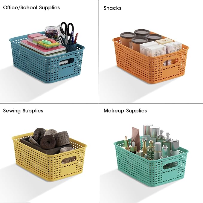 ORGIDOL Colorful Plastic Storage Baskets Bins for Home Organizing, 12 Pack | Space-Saving Storage Container with Handles, Multi-Purpose Storage Box, for Cabinet, Shelve, Countertop, Closet, Classroom