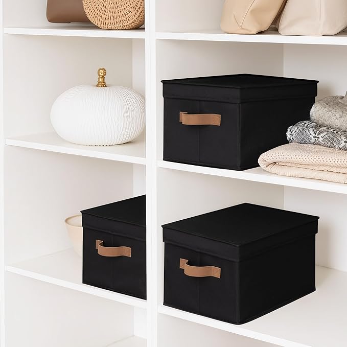 StorageWorks Fabric Storage Bins with Lids, Decorative Storage Bins with PU Handles, Foldable Storage Baskets for Closet, Shelves, Stackable and Sturdy Organization, Black, Large, 3-Pack