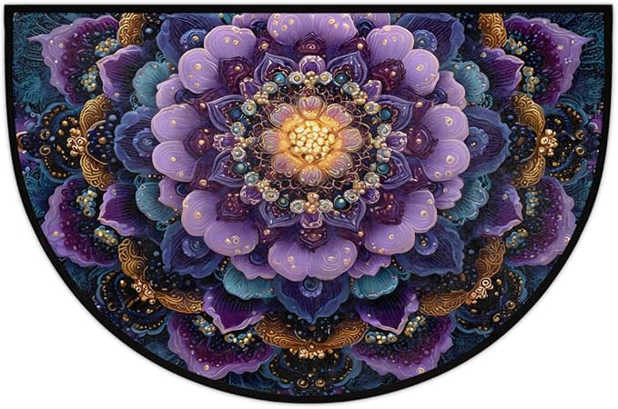 Mandala Purple Galaxy Half Round Door Mat Non-Slip Semi Circle Rug Washable Half Moon Floor Rug Absorbent Bathroom Area Rugs for Outdoor Indoor Fireplace Mat Entryway Kitchen Decor Rugs