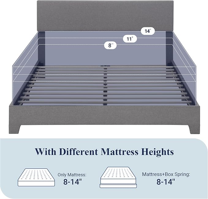 Allewie Queen Size Upholstered Bed Frame Adjustable Headboard, Light Grey | Platform Bed with Heavy Duty Mattress Foundation, Noise-Free, Easy Assembly, Wood Slat Support, No Box Spring Needed