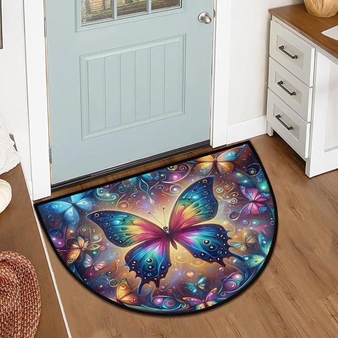 Abstract Butterfly Half Round Door Mat Semi Circle Rug Half Moon Doormat | Abstract Butterfly Soft Washable Welcome Entrance Mat for Outdoor Indoor Floor Bedroom Bathroom Home Kitchen Festival Decor