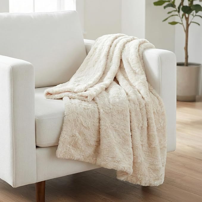 Americanflat Faux Fur Throw Blanket - Luxury 50x60 Extra Soft Plush Rabbit Fur, Reversible & Machine Washable Cozy Throw for Bed, Couch, Sofa, or Living Room Decor - Ivory, Cream, White