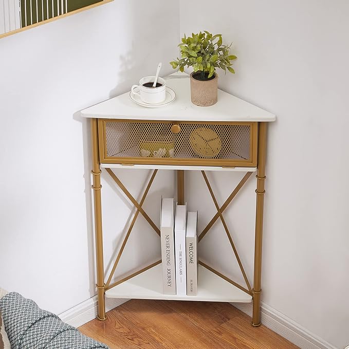 VECELO Corner Table for Small Spaces, Multipurpose Storage Cabinet Shelf Organizer with Flip Door in Living Room/Bedroom/Kitchen/Bathroom, Gold