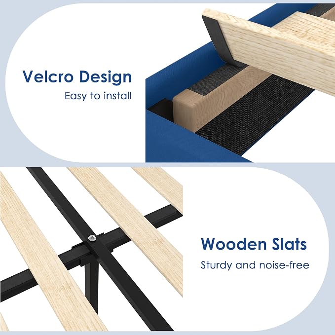 VECELO Full Size Platform Bed Frame with Height Adjustable Upholstered Headboard, Modern Mattress Foundation,Strong Wood Slat Support, No Box Spring Needed, Easy Assembly,Dark Blue