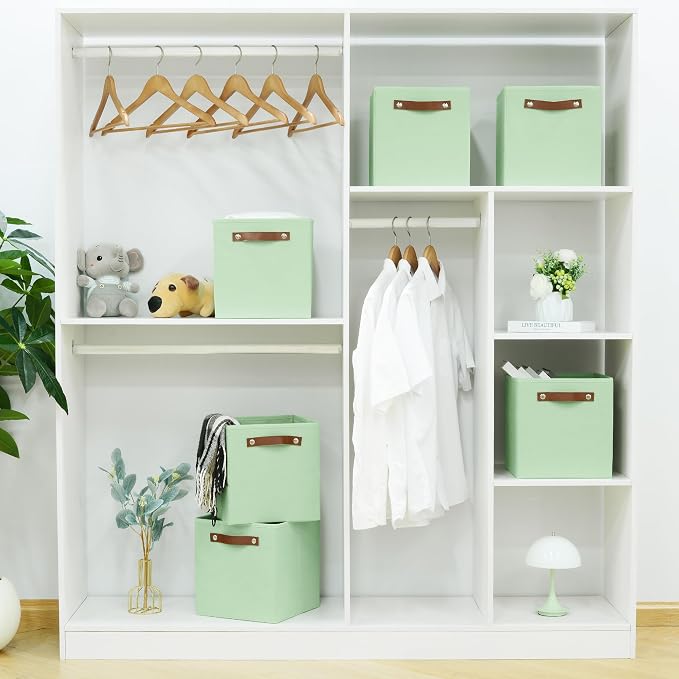 FinishingBo 10.5" x 11" Storage Bins with Labels 6 Pack | PU Leather Handles, Foldable Storage Cubes, Storage Baskets, Closet Storage, Green