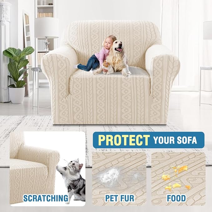 H.VERSAILTEX Sofa Chair Covers Stretch Couch Covers 1 Piece Couch Slip Cover Anti-Slip Soft Sofa Cover for Dogs Washable Upgrade Thick Jacquard Fabric with Spiral Pattern(46"-53", Ivory)