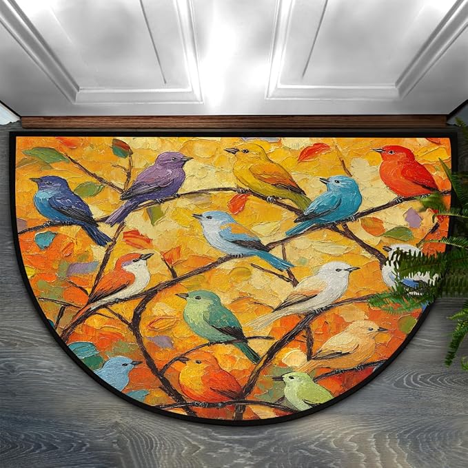 Pardick Half Round Door Mat Oil Painting Bird Anti-Slip Semi Circle Rug 24X36 Entrance Welcome Mats Indoor Outdoor Door Mat, Washable Decorative Floor Mats for Kitchen Bathroom Hearth Fireplace
