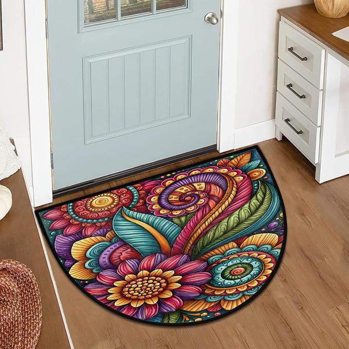 Daisy Half Round Door Mat Semi Moon Rug Fireplace Carpet Area Rugs | Color Bohemia Non Slip Absorbent Half Circle Mat Carpet for Indoor Outdoor Patio Kitchen Bathroom Entryway Home Decor