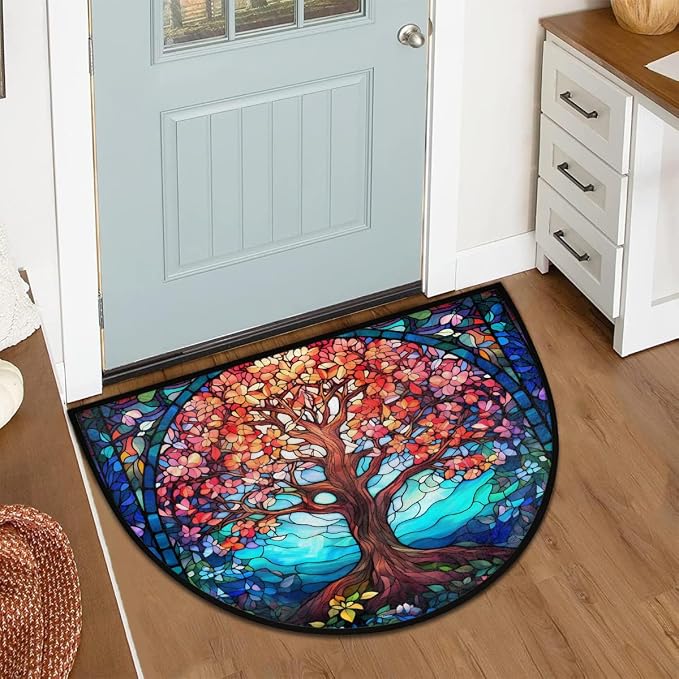 Tree Blue Orange Half Round Door Mat Non-Slip Semi Circle Rug Washable Half Moon Floor Rug Absorbent Bathroom Area Rugs for Outdoor Indoor Fireplace Mat Entryway Kitchen Decor Rugs