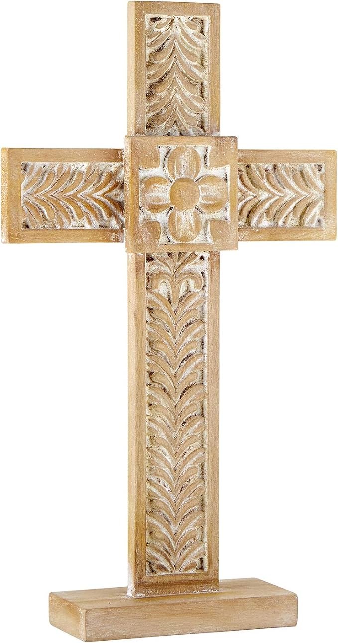 Creative Brands Faithworks - Whitewashed Wood Cross, 8 x 14-Inch, Carved Floral - Standing