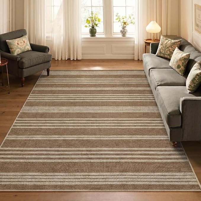 COZYLOOM Large Outdoor Rug 8x10 Rugs for Living Room Striped Easy Jute Rug with Non Slip Backing, Non Shedding Stain Resistant Contemporary Foldable Mats for Bedroom RV Patio, White/Coffee