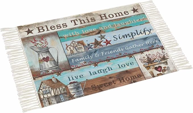 Turquoise Blue Brown Large Runner Rug 4X6 Ft Living Room Area Rug, Washable Woven Vintage Barn Rustic Cabin Throw Carpet With Tassel, Non-Shedding Country Star Farm Wooden Plank Bedroom Office Carpets