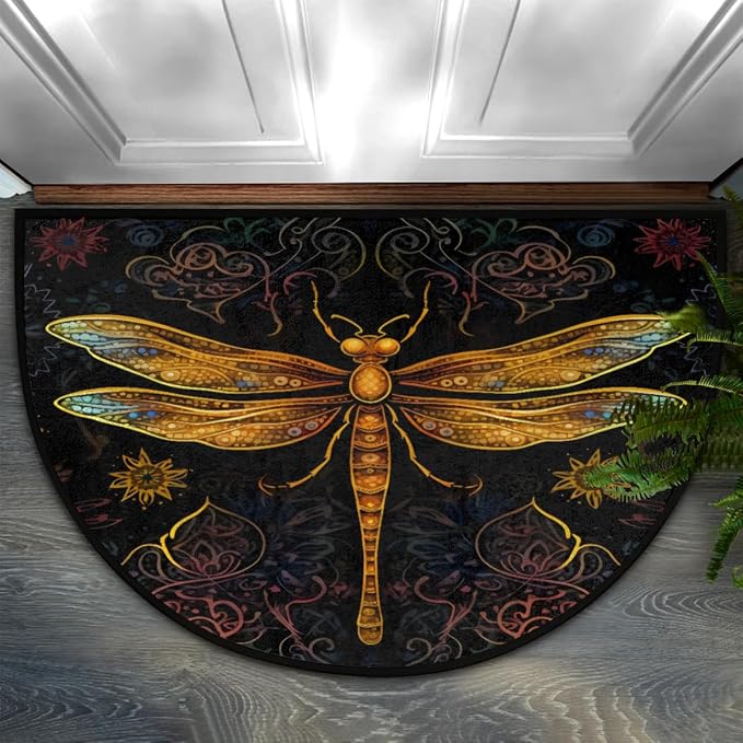Boho Dragonfly Half Round Door Mat Welcome Entrance Mat Bath Bathroom Rug | Boho Dragonfly Welcome Entrance Mat Anti-Slip Half Moon Bath Mat Semi Circle Rug Indoor Outdoor Kitchen Rug