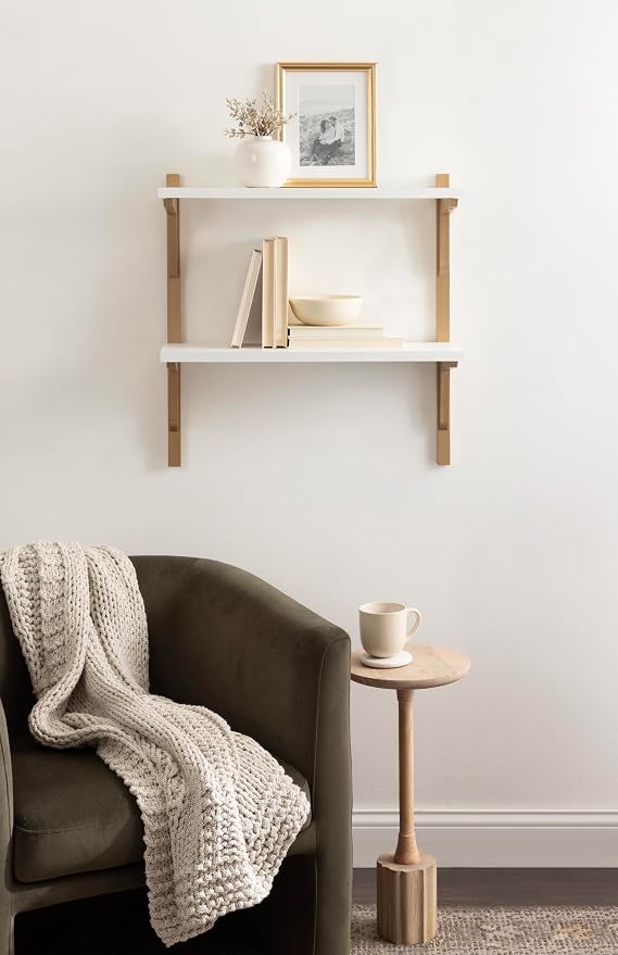 Kate and Laurel Meridien Modern Two-Tier Wooden Shelves, 24 x 8 x 24, White and Gold, Stunning Tiered Wall Shelf for Storage and Display as Cute Nursery Shelving or Bedroom Storage