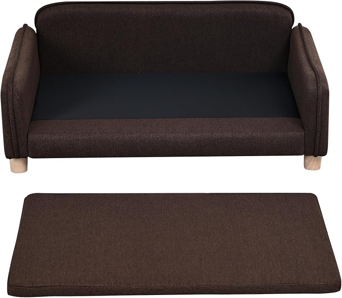 Big Sized Dog Bed -Wooden Frame Pet Sofa Couch, Washable Cushion Cat Couch, Linen Fabric Dog Sofa and Chair for Medium Pet Rest. (Brown)