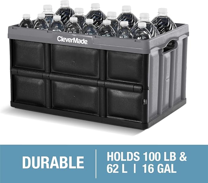 CleverMade Collapsible Storage Bins, 62L, 3 Pack, Obsidian | Extra-large bins support 100 lb for groceries, tools, and gear. They stack securely and fold to 2.75 inches for storage.