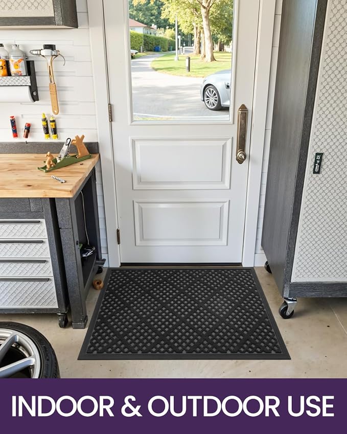 DEXI Front Door Mat Outside Entrance, 3x5 Heavy Duty Entry Doormat Dirt Trapper with Rubber Back, Non Slip Low Profile Floor Mats for Entryway Exterior Patio, Rhombic Black