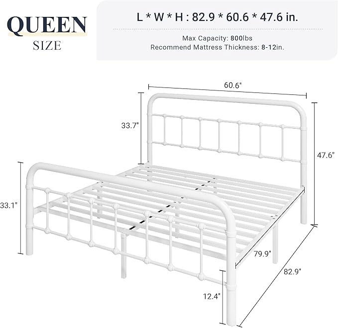 Allewie Queen Metal Bed Frame with Victorian Iron-Art Headboard, White | Victorian Style Wrought Iron-Art Headboard/Footboard, Easy Assembly, Under Bed Storage, No Box Spring Required