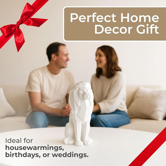 Sitting Lion Decorative Figurine – Tall Polyresin Decor Sculpture Accent – Geometric Figurines & Sculptures Home Decor for Office, Bedroom & Living Room – 11", White