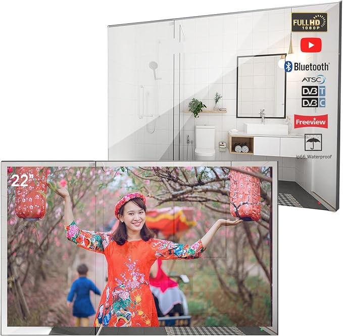 Soulaca 22 inches Smart Mirror TV for Bathroom, Android System Waterproof Wall-Mounted Vanity Mirror Display with Built-in WiFi & Bluetooth ATSC Tuner 12V DC Power