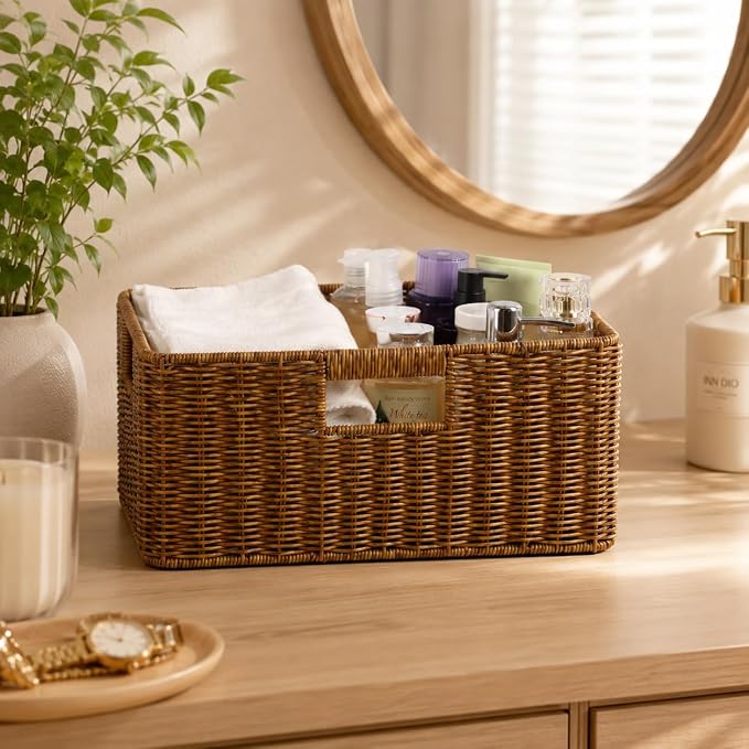 Waterproof Wicker Storage Basket with Handles, Large, Brown | 15 x 11 x 6.75 Inch Basket, Shelf Organizer, Rectangular Woven Bin, Towel and Blanket Storage, Home Decor