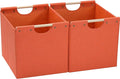 HOONEX Large Collapsible Storage Bins, Linen Fabric, Pack of 2, Storage Baskets with Wooden Carry Handles and Sturdy Heavy Cardboard, for Home, Office, Car, Nursery, Orange
