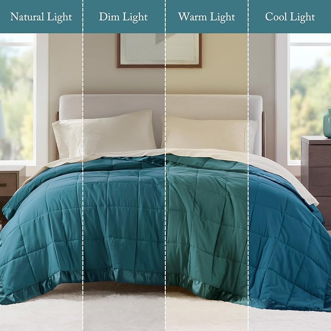 Madison Park Down Alternative Queen Blanket for Bed, Satin Trim, Teal | Lightweight Windom Blanket Full Size Premium 3M Scotchgard Moisture Wicking Treatment, OEKO TEX, Soft Bed Cover, All Season
