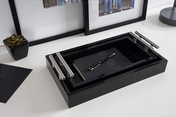 Kate and Laurel Lipton Modern Tray Set, Set of 2, Black and Silver, Glam Decorative Trays for Storage and Display