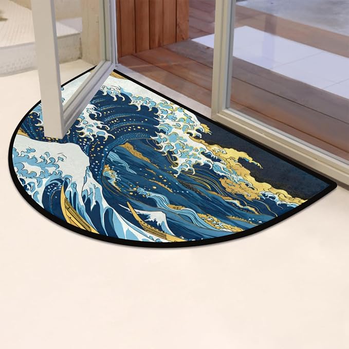 cfpolar Half Round Door Mat Semi Circle Non-Slip Bathroom Floor Rug, Big Wave Japanese Outdoor Welcome Entrance Way Mat Indoor Absorbent Kitchen Mat for Home,Garage,Patio,Bedroom 36" x 24"