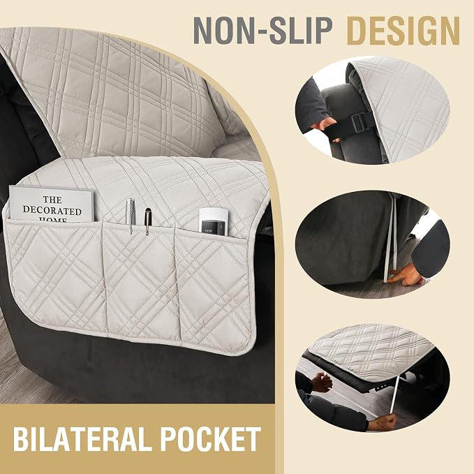 H.VERSAILTEX 100% Waterproof Recliner Slipcover 1-Piece Reversible Recliner Covers for Large Recliner with Elastic Straps Sitting Width Up to 28" (Oversized Recliner, French Oak/Beige)