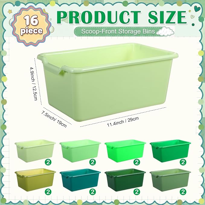 Dandat 32 Pcs Plastic Book Bins for Classroom Library Cubby Bins Scoop Front Stackable Toy Storage Tubs Containers for School Office Home Nursery Playroom Organization (Green Series)