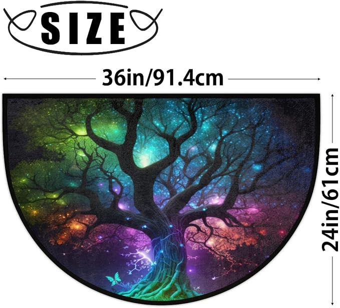 Half Round Doormat Tree of Life Butterfly Non Slip Half Circle Area Rugs Indoor Washable Half Moon Rug Semi Circle Bathroom Runner Mat Entrance Floor Carpet for Kithen Bedroom Fireplace Decor