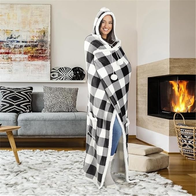 Premium Wearable Hooded Blanket for Adult Women and Men 71"x51" - Super Soft, Lightweight, Microplush, Cozy and Functional Throw Blanket Buffalo Plaid White/Black