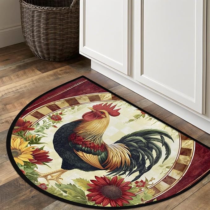 Half Round Door Mat Rooster Chicken Flower Semi Circle Area Rug Half Moon Hearth Rugs Runner Mat for Bathroom Kitchen Patio Laundry Room
