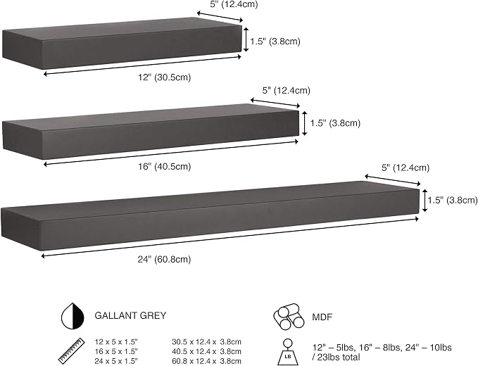 Kiera Grace Stockholm Maine Floating Shelves for Wall, MDF Display Shelves, Easy to Assemble, Ideal for Home Decor, 12"/16"/24" W x 5" D x 1.5" H, Gallant Gray, Pack of 3