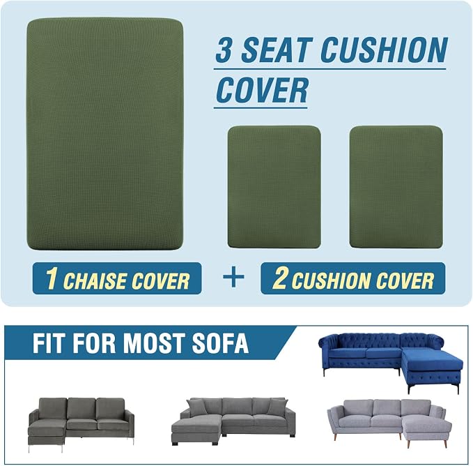 H.VERSAILTEX Sectional Couch Covers 3 Pieces Sofa Seat Cushion Covers L Shape Separate Cushion Couch Chaise Cover for Both Left/Right Sectional Couch (Seat Only: 1 Chaise + 2 Sofa, Bronze Green)