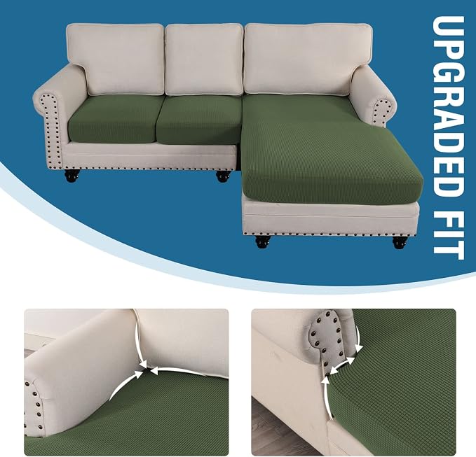 H.VERSAILTEX Sectional Couch Covers 3 Pieces Sofa Seat Cushion Covers L Shape Separate Cushion Couch Chaise Cover for Both Left/Right Sectional Couch (Seat Only: 1 Chaise + 2 Sofa, Bronze Green)