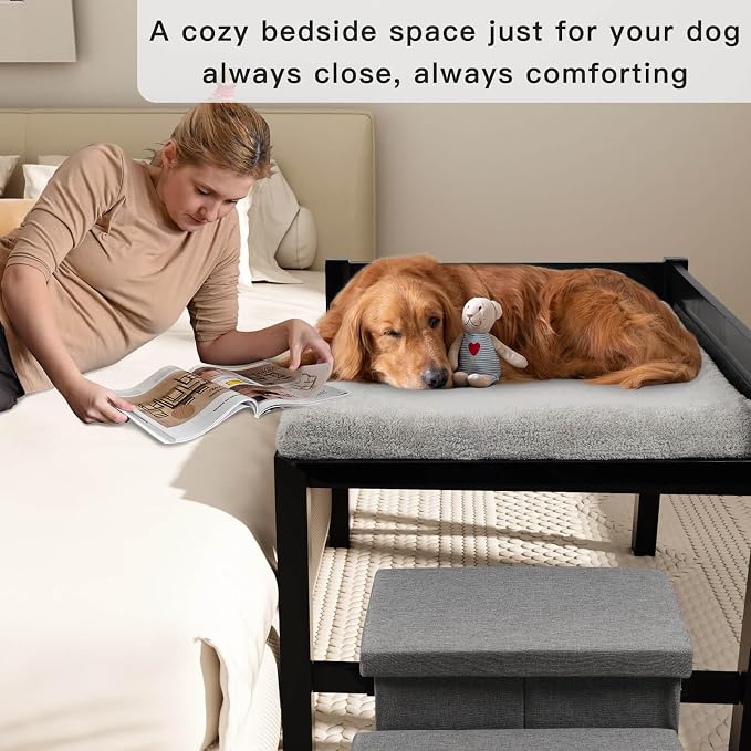 Wooden Bedside Dog Bed with Stairs, 41‘’x27'' Dog Co-Sleeper for Human Bed, Pet Bunk Bed with Removable Mattress, Foldable 3-Step Stairs and Guardrails for Large Dogs