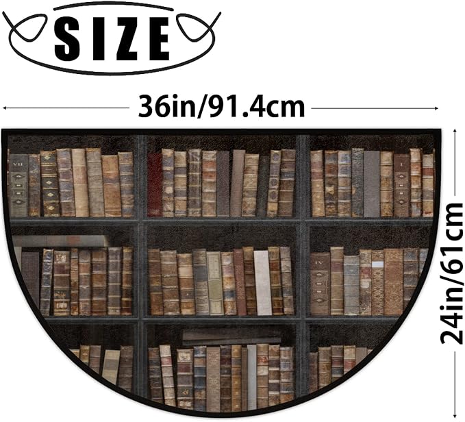 Book Shelf Half Round Doormat Semi Circle Rug Half Moon Rug Entryway Mat | Book Shelf Vintage Washable Non Slip Outdoor Floor Rug Kitchen Mat for Indoor Outdoor Bathroom Fireplace Bath Decor