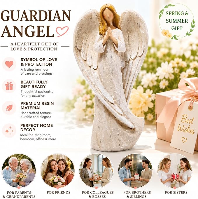 Hodao Praying Angel Figurine Resin Guardian Angel Statue for Home Decor, Elegant White Blessing Sculpture for Shelf Table Mantel, Keepsake Gift for Mom, Women and Family