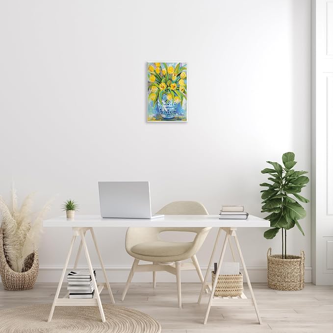 Expressive Yellow Tulips Vase, 13 x 19 Inch Mounted Print on Wall Plaque | Stupell Industries · By Jeanette Vertentes · Ready to hang · Bright spring home accent · Made in USA