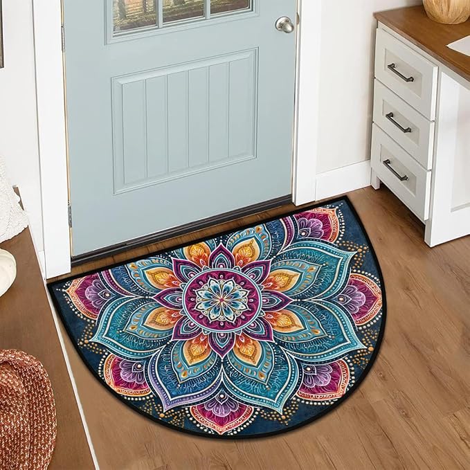 Mandala Half Round Door Mat Semi Moon Rug Fireplace Carpet Area Rugs | Color Art Non Slip Absorbent Half Circle Mat Carpet for Indoor Outdoor Patio Kitchen Bathroom Entryway Home Decor