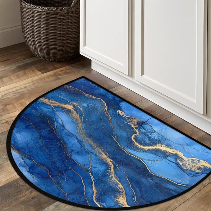 Blue Marble Half Round Door Mat Semi Moon Rug Fireplace Carpet Area Rugs | Blue Marble Non Slip Absorbent Half Circle Mat Carpet for Indoor Outdoor Patio Kitchen Bathroom Entryway Home Decor